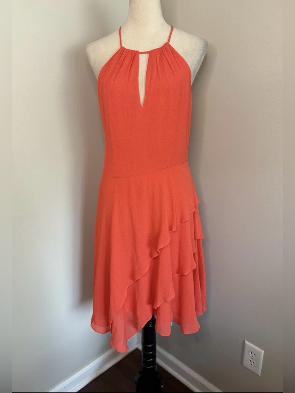 Shoshanna Coral Halter Ruffle Asymmetrical Tiered Cocktail Mini Dress Keyhole 8